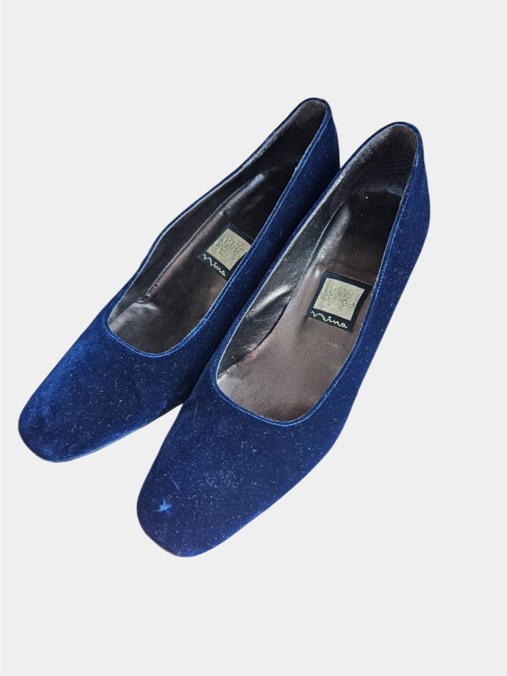 Vintage Blue Velvet Block Heel Pumps Made in Spain Leather Sole Size 7.5